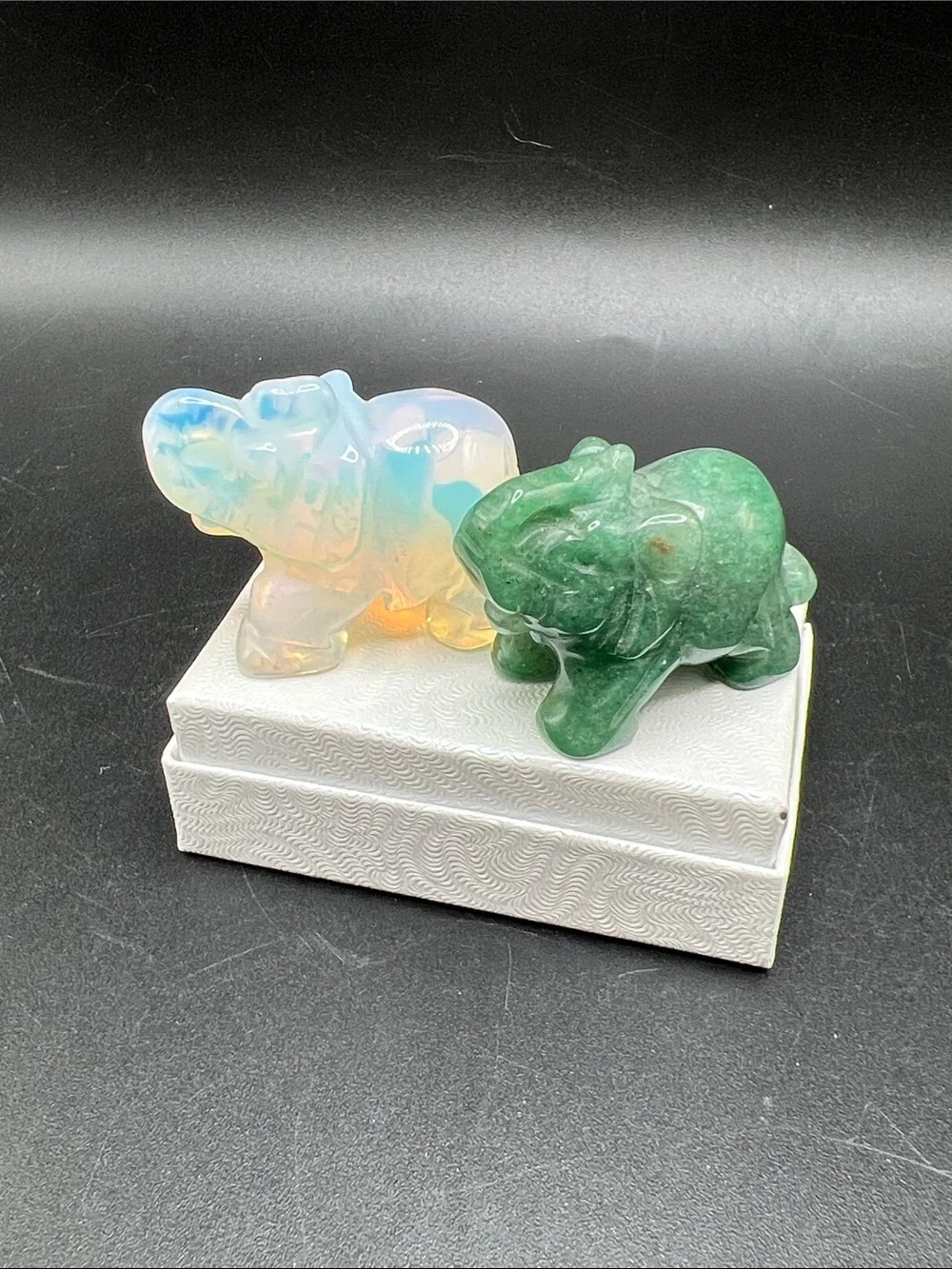 Lot of 2 Carved Stone Elephant Figurines Opalite & Green Aventurine Crystal 1.5”